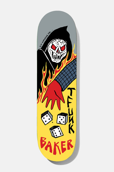 Baker T - Funk 456 8.75 skateboard deck: Hooded grim reaper skull with red eyes and flames over a yellow background, a gloved red hand throwing three dice, and the note I'm watching you written beside it. TFunk and Baker lettering.