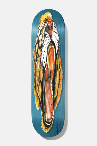 Baker Theotis Big Cats 8.25 skateboard deck: A painted close-up of a roaring tiger's head, with open jaws and long tongue running down the length of the deck, on a teal-stained wood background.