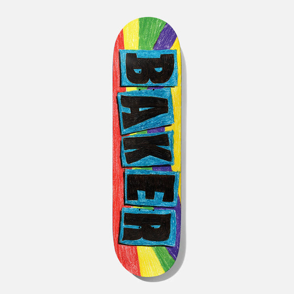 Baker Theotis Burst 8.38 skateboard deck: Baker logo in black blocky letters with blue crayon-style boxes, drawn like a child's crayon scrawl over a rainbow of red, yellow, green and purple stripes bursting outward.