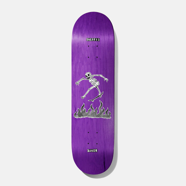 Baker Theotis Cremation Mayhem 8.125 skateboard deck: White line-drawn skeleton jumping on a skateboard above grey flames, on a purple stained deck. 'Theotis' appears in a black label at the top and 'Baker' at the bottom.