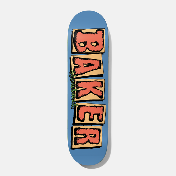 Baker Theotis Crumb Snatcher 8.475 skateboard deck: Blue deck with the Baker name in stacked orange-red furry letters, each in a tan box with eyes in the letters, and a small green scrawled skateboards signature across the middle.