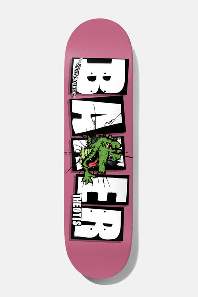 Baker Theotis Emergers 8.0 skateboard deck: A green monster with a wide-open mouth smashes through cracked white block Baker lettering on a pink deck, with 'THEOTIS' lettered by the lower letters.