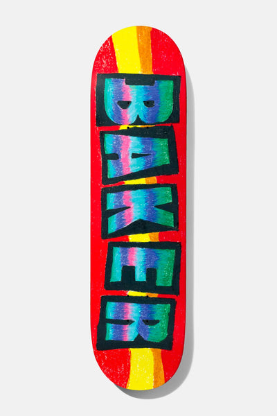 Baker Theotis Flow State 8.0 skateboard deck: Chunky hand-painted BAKER lettering in rainbow gradient letters outlined in black, over red with yellow and orange vertical stripes.