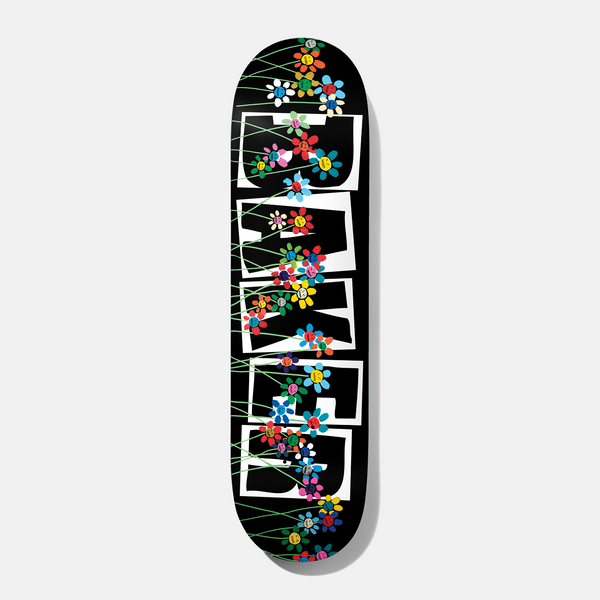 Baker Theotis Flowers 8.0 skateboard deck: Black deck with the Baker logo in large white outlined block letters, stacked vertically, with colourful smiley-faced flowers on long green stems growing up through and around the letters.