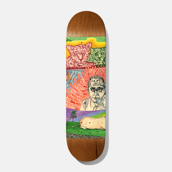 Baker Theotis Hot Dogs Lament 8.125 skateboard deck: A hand-drawn coloured-pencil panel on a natural wood deck: two leopard faces at the top, a man in a brick-swirl room talking on a telephone, and a pale naked mole rat on a green lawn with a tree below.
