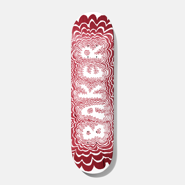 Baker Theotis Ink Wasters 8.475 skateboard deck: Large white bubble-style Baker lettering in the centre of a red deck, surrounded by many concentric wavy white outlines that ripple outwards to the edges, with small doodled faces in the letters.