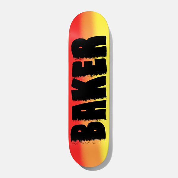 Baker Theotis Jammys 8.0 skateboard deck: Large black shaggy-edged BAKER lettering fills the deck over a spray-faded background that blends from red at the nose through orange to yellow.