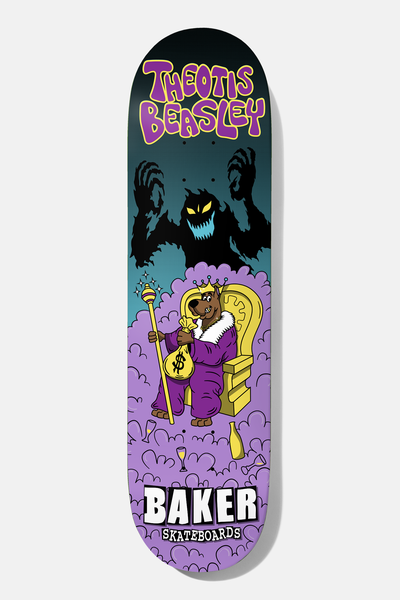 Baker Theotis King Scooby 8.25 skateboard deck: Cartoon dog in a purple robe and crown sits on a golden throne holding a money bag and sceptre on purple clouds, with a shadowy clawed monster looming behind, on a teal-to-black fade.