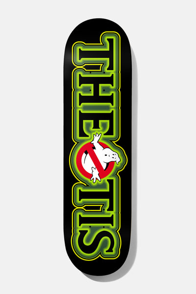 Baker Theotis No Busters 8.25 skateboard deck: Black deck with the name Theotis in large glowing green outlined block letters, the O replaced by a ghost in a red prohibition circle in the style of the Ghostbusters logo.