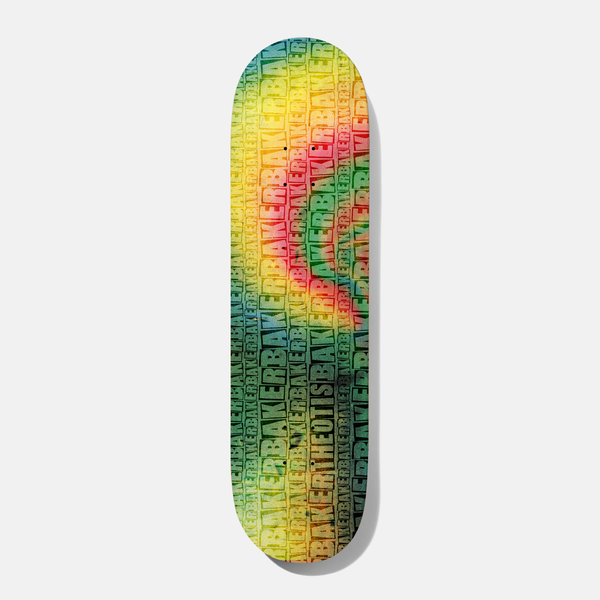 Baker Theotis Repeat Rainbow B2 8.0 skateboard deck: The Baker name repeated in stacked block lettering across the whole deck, sprayed in a rainbow fade of green, yellow and red.