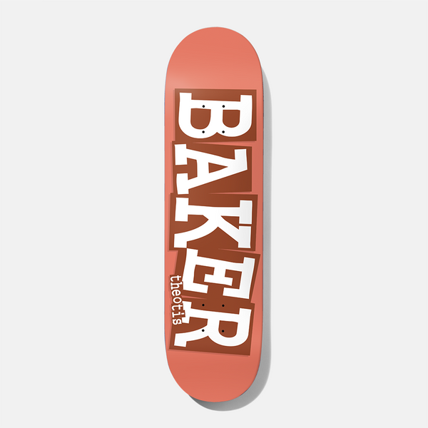 Baker Theotis Ribbon Peach B2 8.0 skateboard deck: Large white serif BAKER logo stacked vertically on rough brown cut-out blocks over a peach deck, with the rider's name in small white text at the side.