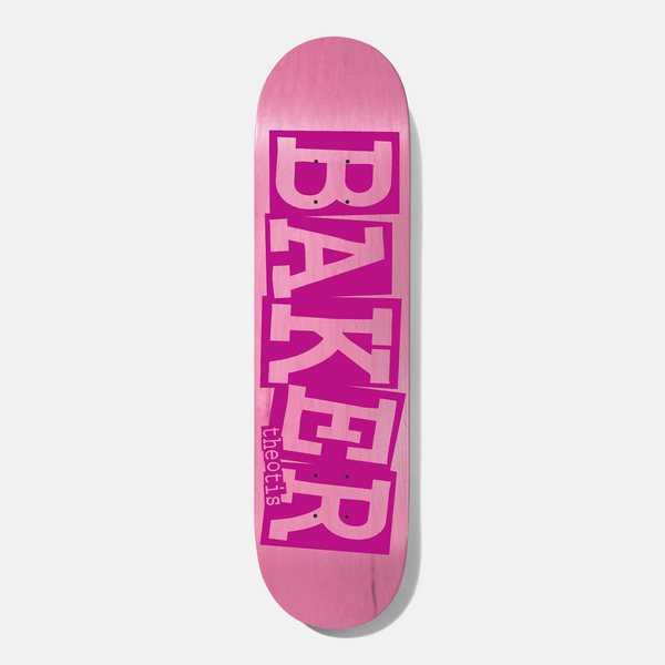 Baker Theotis Ribbon Pink Veneer 8.0 skateboard deck: Baker ribbon logo in large stacked magenta block capitals on a pink stained deck, with the rider name in small lowercase letters up the left side.