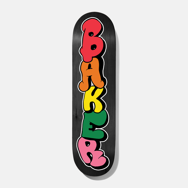 Baker Theotis Tagged 8.0 skateboard deck: Baker name in chunky bubble graffiti letters, stacked vertically in red, orange, yellow, green and pink with white and black outlines, on a black deck.