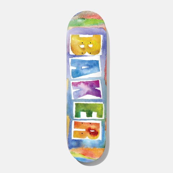 Baker Theotis Watercolor 8.25 skateboard deck: Baker logo letters stacked vertically on torn white paper blocks, each letter painted in a different watercolour wash, with a rainbow wash background.