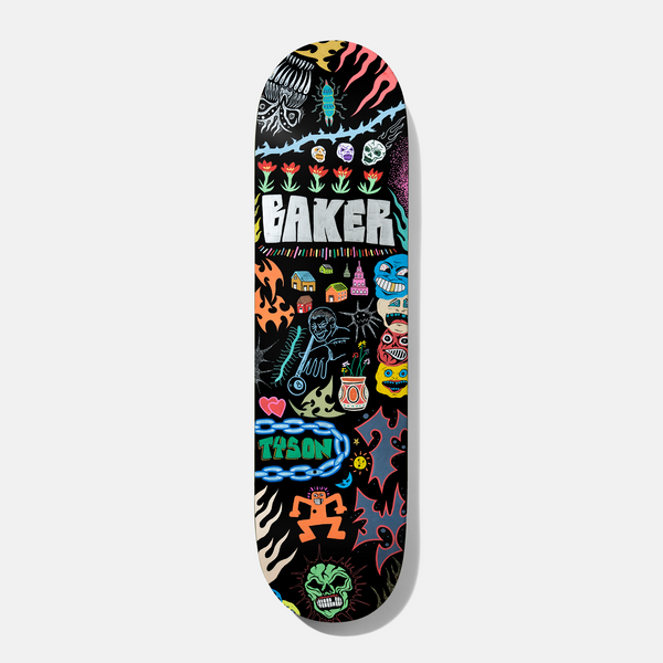 Baker Tyson Another Thing Coming 8.25 skateboard deck: Black deck packed with colourful hand-drawn doodles: flowers, houses, masks, flames, skulls, a chain, a pot plant and a figure, around a silver Baker logo and green Tyson lettering.