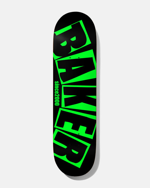 Baker Tyson Arch Slime 8.475 skateboard deck: Large Baker logo in black blocky letters with neon green outlines, arched up the deck, with a small since2000 line in green beside it, on a black ground.