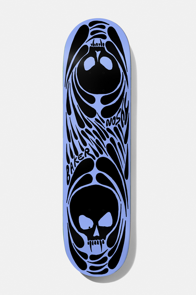 Baker Tyson Brain Rabies 8.5 skateboard deck: Two black skulls with dripping, flowing tentacle-like forms around them on a periwinkle blue deck, with Baker and Nosny handwritten along the middle.