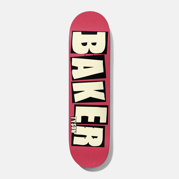 Baker Tyson Brand Name Blush 8.475 skateboard deck: The Baker name in large cream block letters with black outlines, stacked down a blush pink deck. The rider's name is small on the E.
