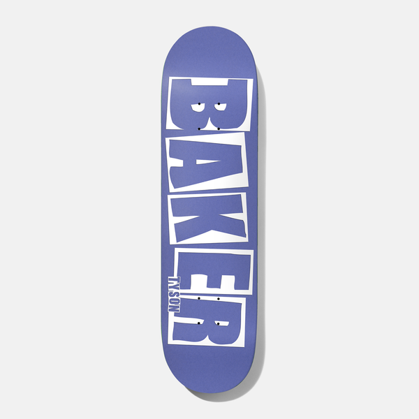 Baker Tyson Brand Name Periwink B2 8.0 skateboard deck: Large white blocky Baker logo letters with a hand-cut look fill the deck on a periwinkle purple background, with small Tyson lettering by the tail.