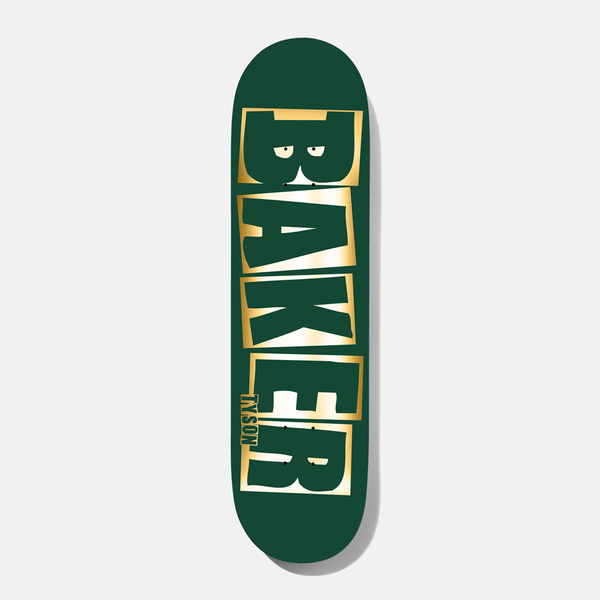 Baker Tyson Brand Name Green/Foil B2 8.0 skateboard deck: The Baker logo in tall block letters in dark green, each letter outlined in a gold foil box on a dark green deck. Small cartoon eyes sit in the B, and the rider's name runs sideways near the tail.