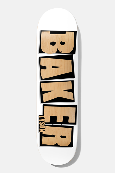 Baker Tyson Brand Name White Veneer 8.5 skateboard deck: Large stacked BAKER letters in black blocks with bare natural wood showing through the letterforms, on a white deck, with a small TYSON label by the R.