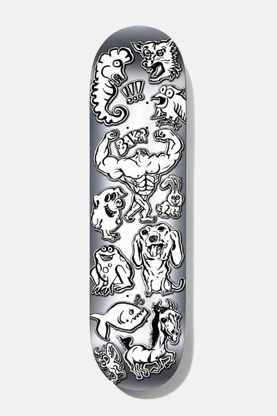 Baker Tyson Calamities 8.38 skateboard deck: Black-and-white cartoon animals and creatures with thick outlines on a silver deck, including a wolf, bird, dog, frog, pig, rabbit, fish and horse, centred on a muscular figure with a Baker logo on its chest and exclamation marks above.