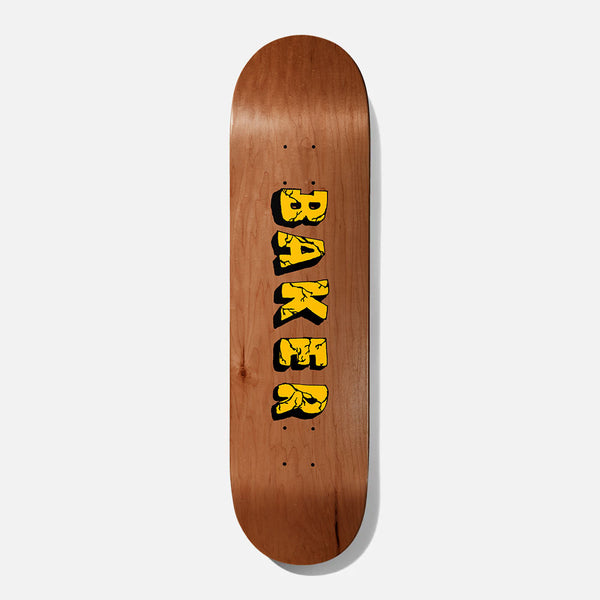 Baker Tyson Cracked 8.25 skateboard deck: The Baker name stacked vertically in chunky yellow block letters with black cracks and drop shadow, on a plain brown wood-veneer deck.