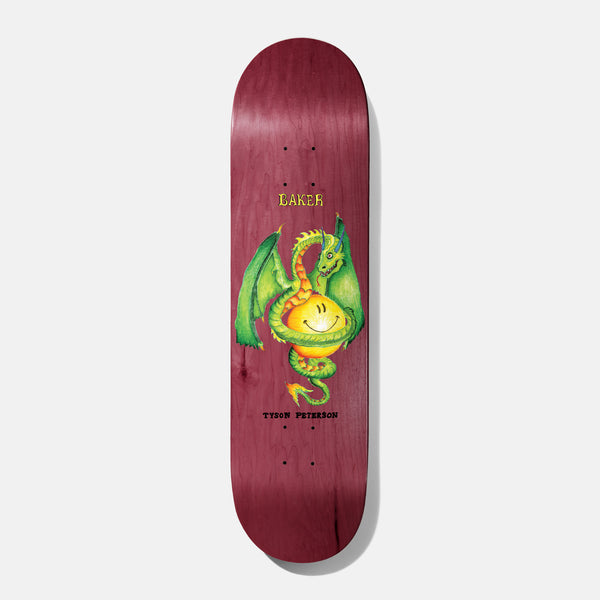 Baker Tyson Dragon 8.0 skateboard deck: Maroon-stained deck with a green winged dragon coiled around a glowing yellow smiley face. Baker lettering above and Tyson Peterson name below.