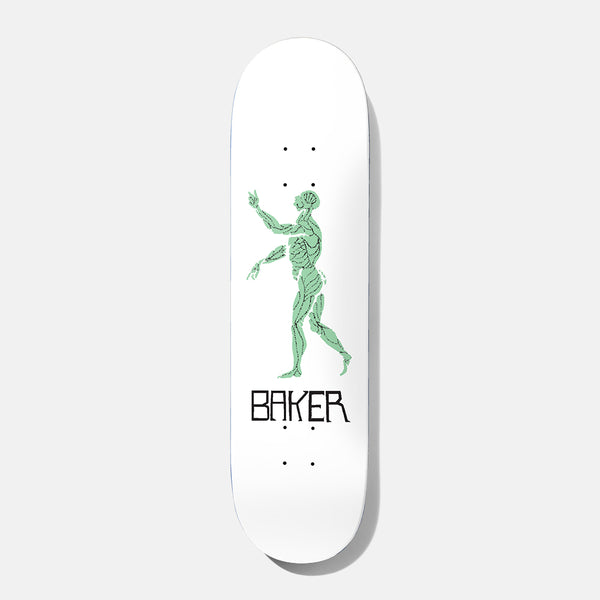 Baker Tyson Figure 8.38 skateboard deck: Green anatomical figure of a walking man with exposed muscles and one detached forearm, above Baker in black hand-drawn capitals, on a white deck.