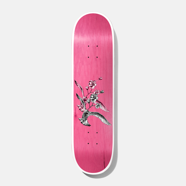 Baker Tyson Frenz 8.125 skateboard deck: Black and white engraving-style illustration of seagulls in flight carrying a branch of blossoms, with pink-tinted flowers, on a pink stained deck with a white edge.