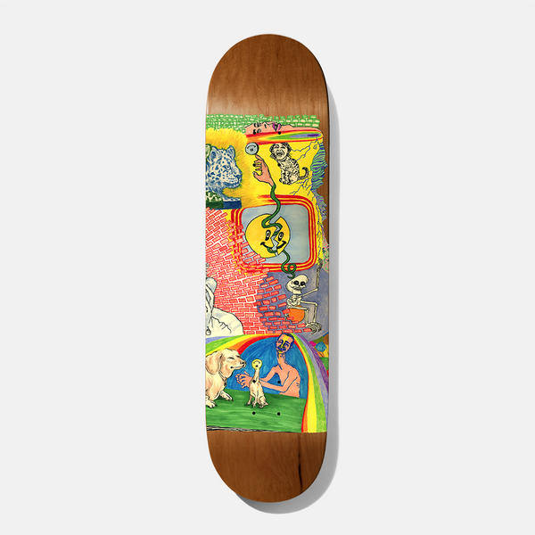 Baker Tyson Hot Dogs Lament 8.38 skateboard deck: Colourful naive painting collage of a brick wall, a leopard, a skeleton on a toilet, a golden dog, and a man with a small dog beside a rainbow, on a natural brown wood deck.