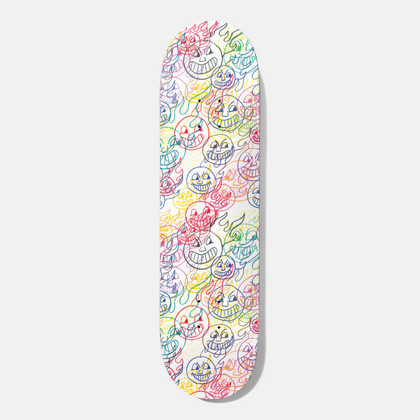 Baker Tyson Menace 8.125 skateboard deck: Dense all-over pattern of overlapping outlined grinning faces with flames, drawn in multicoloured lines on a white deck.