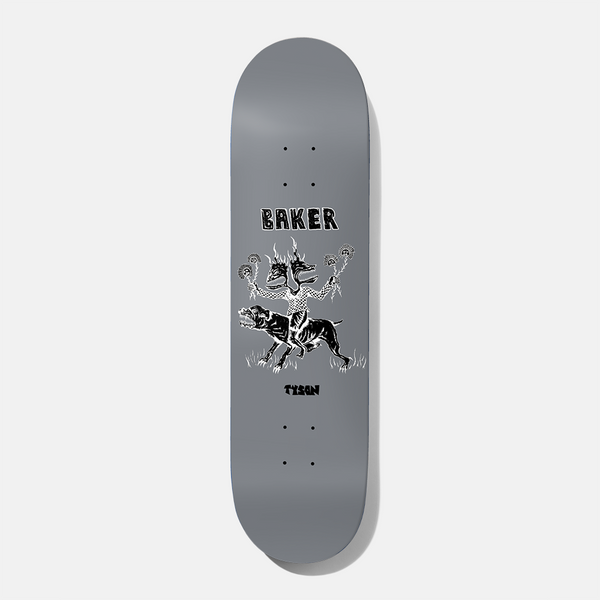Baker Tyson Misty Flip Judo Chop 8.38 skateboard deck: Black and white drawing of a two-headed, multi-armed figure riding a snarling dog, holding flaming torches, on a grey deck. Hand-lettered Baker logo above and rider name below.