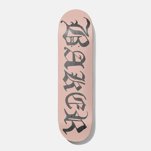 Baker Tyson Old E Pink/Grey Veneer 8.25 skateboard deck: The Baker name in large grey Old English blackletter runs vertically down the length of a pale pink deck.