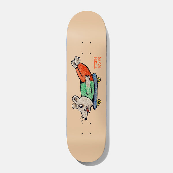 Baker Tyson Our Furry Friends B2 8.0 skateboard deck: Childlike textured illustration of a grey mouse in orange top and green shorts lying on a blue skateboard, with the rider name in orange on a peach deck.
