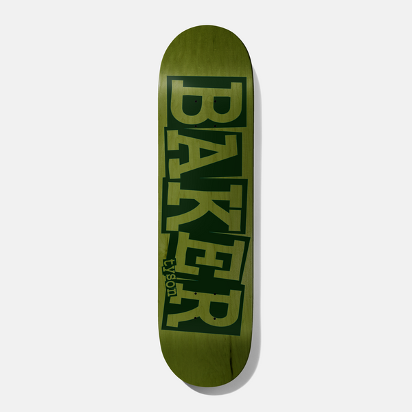 Baker Tyson Ribbon Green Veneer 8.5 skateboard deck: Baker ribbon logo in large stacked block capitals in dark green on an olive green stained deck, with the rider name in small lowercase near the tail.