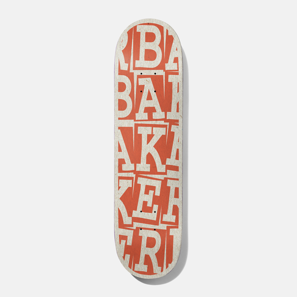 Baker Tyson Ribbon Stack Rust 8.38 B2 Shape skateboard deck: Stacked, overlapping serif capital letters spelling BAKER in cream on a rust-orange ground, cropped at the edges, repeated in jumbled rows down the deck.