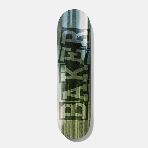 Baker Tyson Ribbon Time Flies 8.125 skateboard deck: Blurred green and grey landscape photo with horizontal streaks, overprinted with the Baker ribbon logo in dark halftone block letters. A small rider name runs down the side.