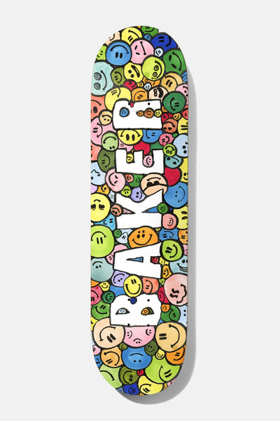 Baker Tyson Smileys 8.25 skateboard deck: A packed field of hand-painted multicoloured smiley and frowning faces, with large white Baker lettering running down the deck.