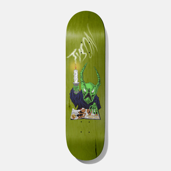Baker Tyson Sorcery Survival 8.125 skateboard deck: Olive green stained deck with a green horned demon in a blue robe holding a lit candle over an open magazine, with 'Tyson' written in smoky white wisps above.