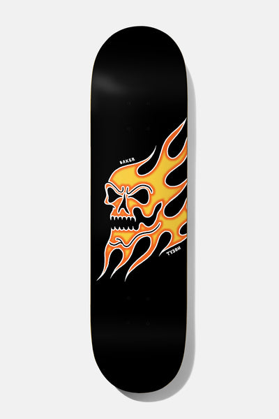 Baker Tyson The Flame 8.0 skateboard deck: A yellow and orange flaming skull in profile sits on a black deck, with small 'BAKER' and 'TYSON' lettering beside it.