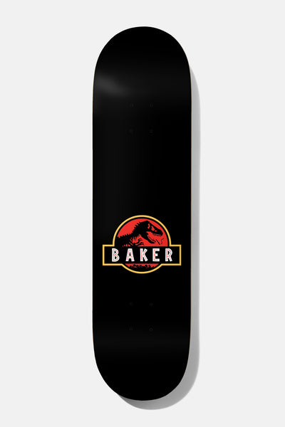 Baker Tyson Peterson The Stoned Age 8.0 skateboard deck: Plain black deck with a small logo near the centre: the Baker name in a yellow-framed panel beneath a red dinosaur skull, in the style of the Jurassic Park logo.