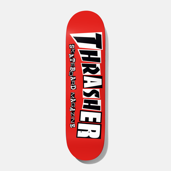 Baker Tyson Thrasher Red 8.25 skateboard deck: The Thrasher Skateboard Magazine logo in black and white block lettering on a solid red deck, with Skateboard Magazine in smaller letters beside the large Thrasher name.