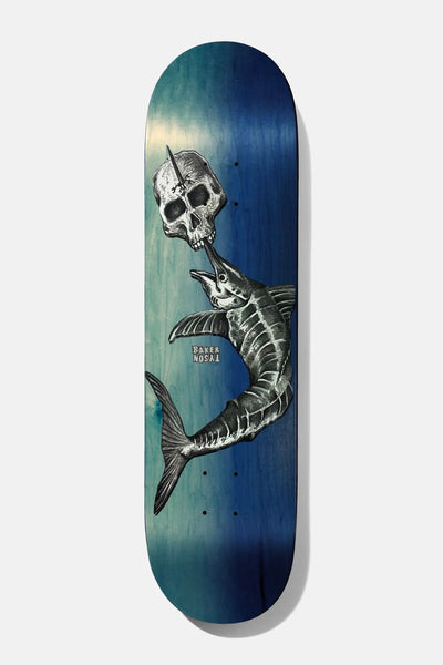 Baker Tyson Yeller 8.38 skateboard deck: Detailed grey illustration of a marlin or swordfish spearing a skull through the head, over a teal to deep blue stained deck. Small Baker and Tyson Nosal name tag.