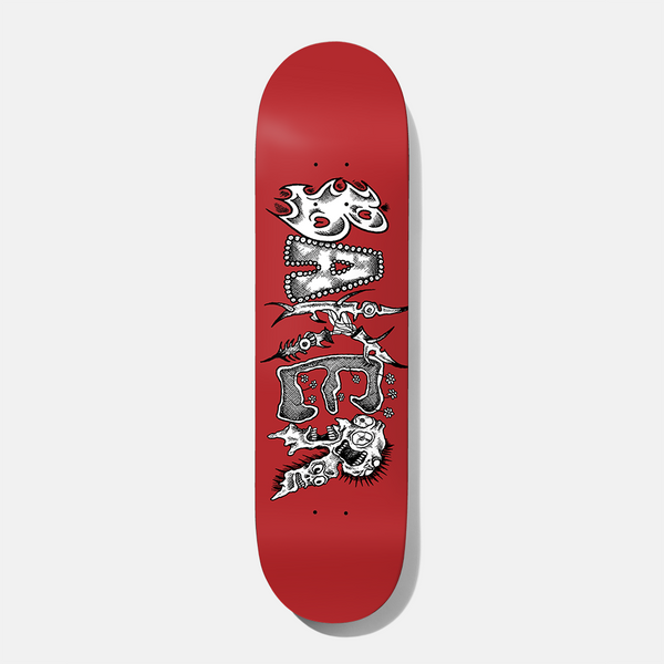 Baker ZA Manic Red 8.5 skateboard deck: Baker spelt in distorted, gnarly black and white illustrated letters with spikes, studs, a flaming A and a screaming skull at the end of the R, on a red deck.