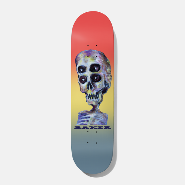 Baker Zach 4eyez 8.0 skateboard deck: Painterly four-eyed skull and ribcage in purple and cream, set on a red-to-yellow-to-grey-blue gradient, with the Baker name in dark blue serif capitals below.