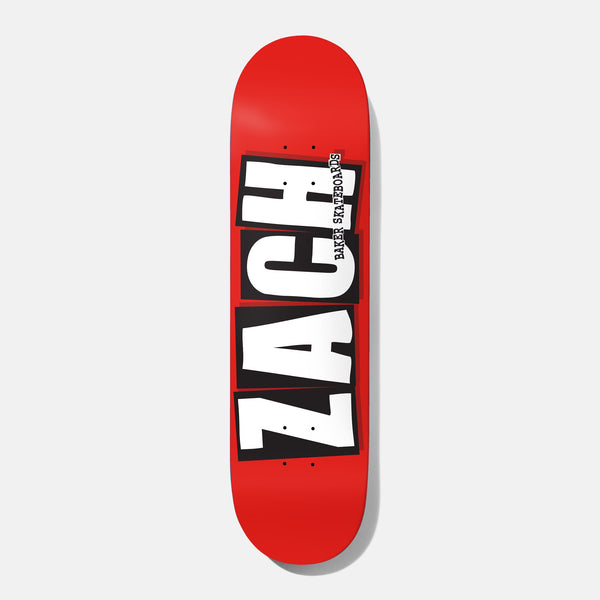Baker Zach Allen Logo skateboard deck: Rider's first name in huge white block capitals on black cut-out tiles, stacked vertically over a red deck. Small Baker Skateboards text runs up the side of the last letters.