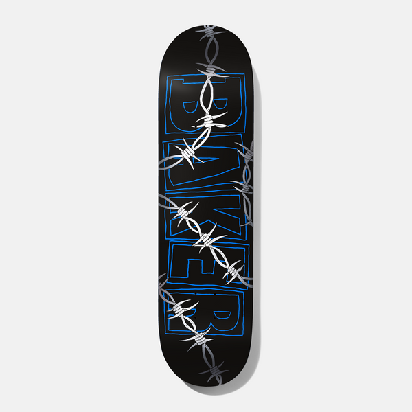 Baker Zach Barbed Wire 8.125 skateboard deck: Black deck with the Baker logo as hand-drawn blue outlined block letters, wrapped by strands of silver and grey barbed wire running diagonally down the deck.