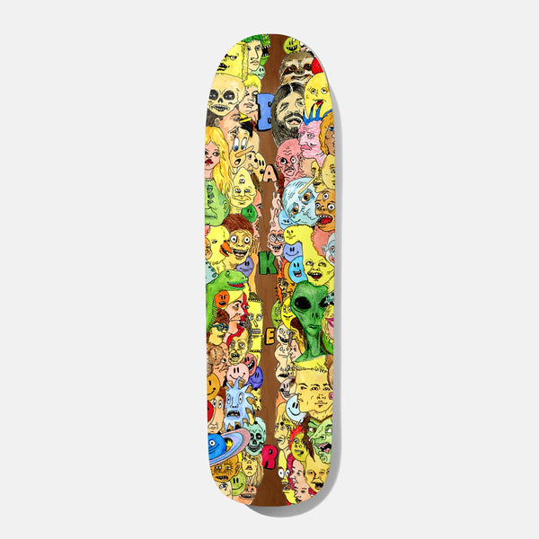 Baker Zach Big Bodies Shaped 8.75 skateboard deck: Crowd of hand-drawn cartoon faces, including skulls, aliens, monsters, smileys and a ringed planet, packed on either side of a brown wood strip, with the letters B A K E R running down the middle.