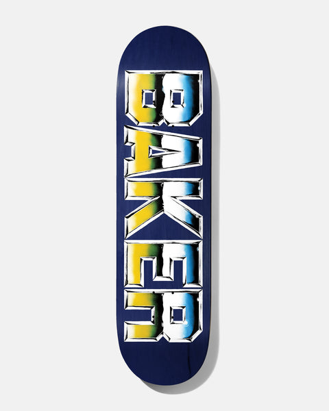 Baker Zach Chrome Zone 8.5 skateboard deck: Large chrome-effect Baker lettering stacked down a navy blue deck, with yellow and blue gradient reflections inside the letters.